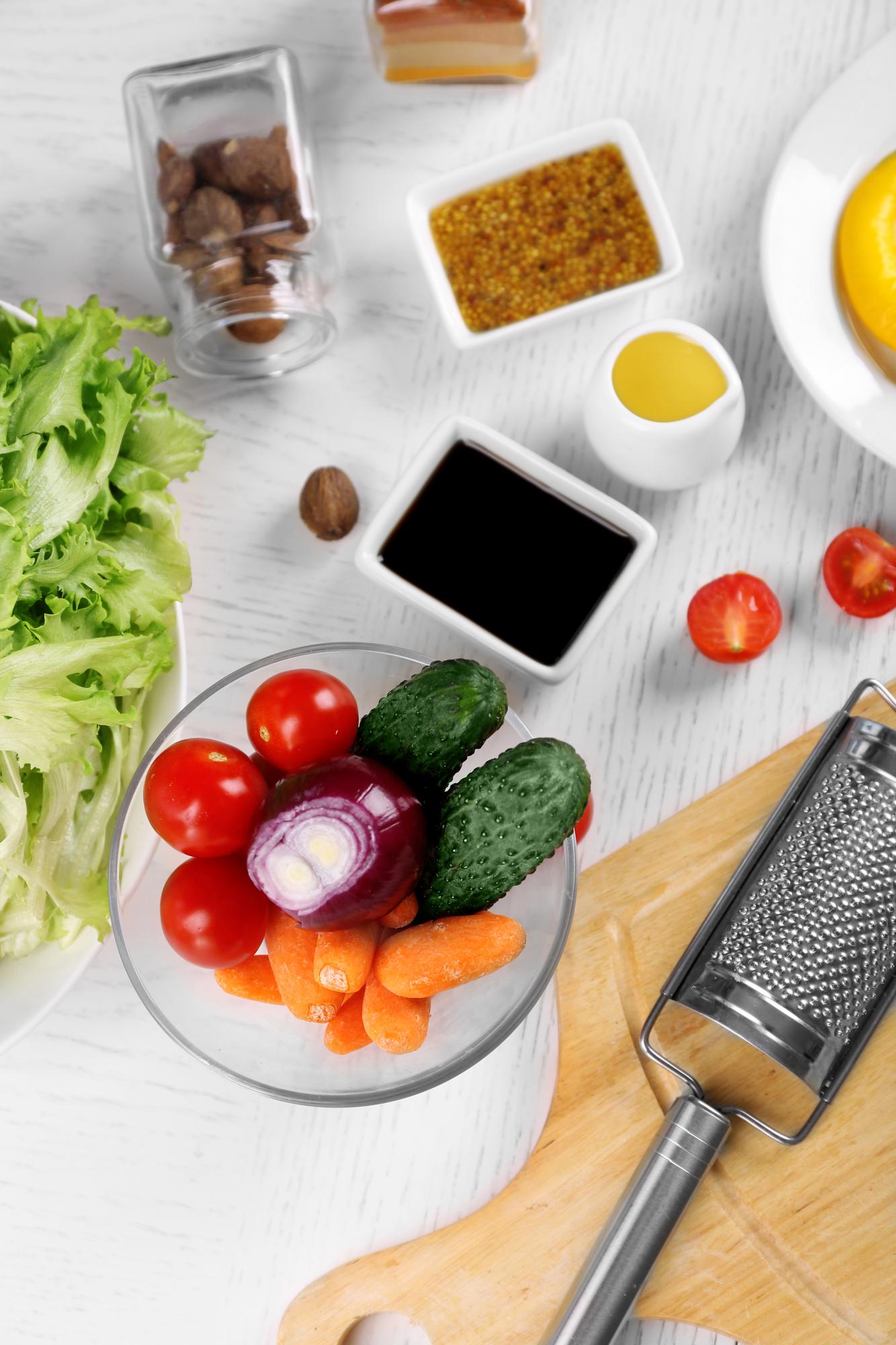 kitchen counter with prepped ingredients and utensils
